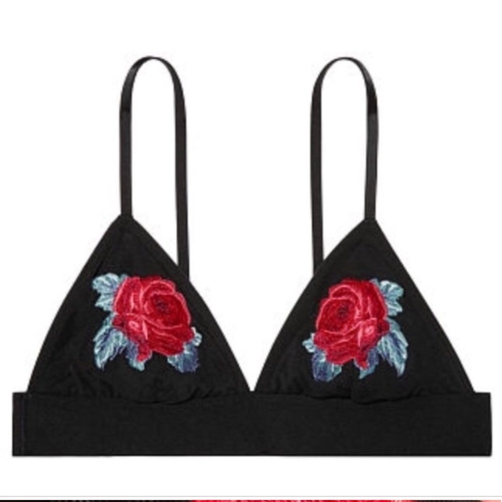 VS Pink Black Embroidered Rose Triangle Bralette Bra